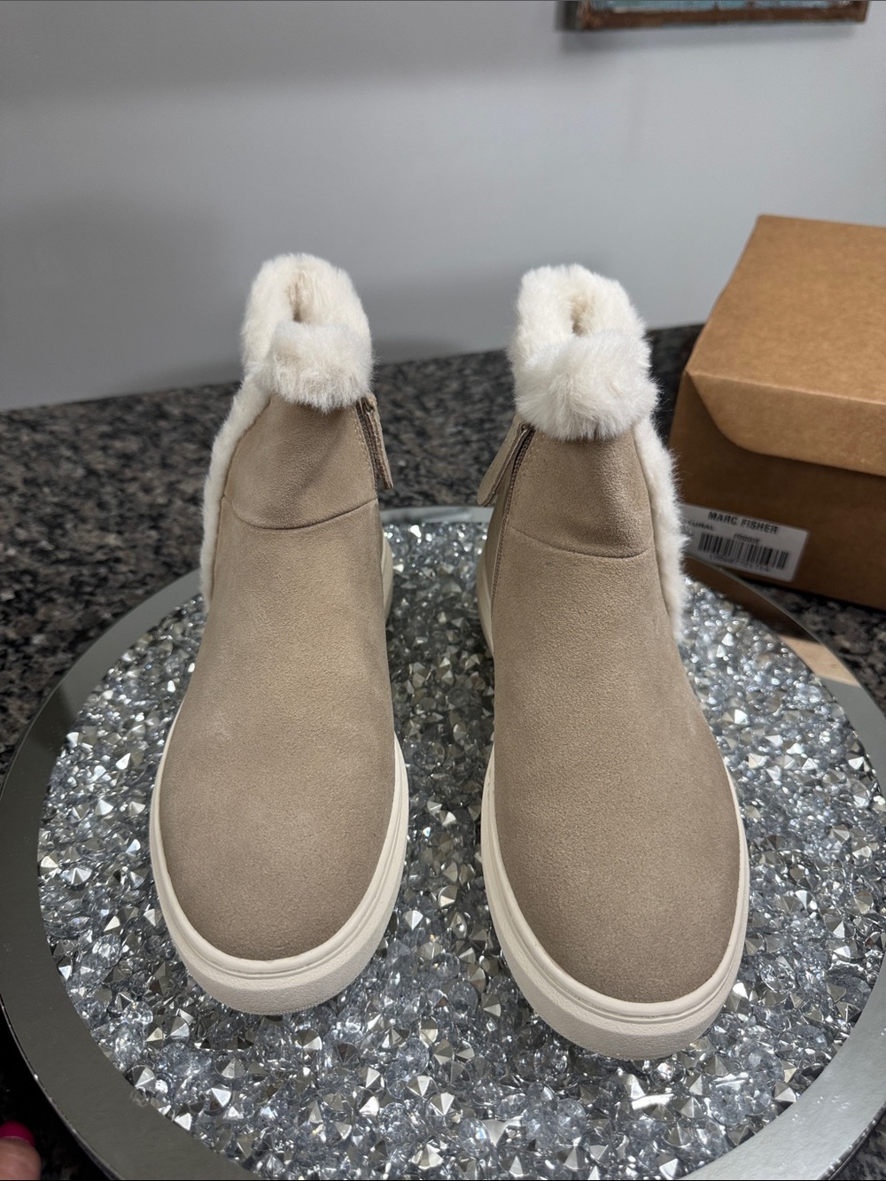 Marc Fisher Foggie Taupe Suede and faux fur Trim Ankle Boots NEW 7.5 - Picture 4 of 14